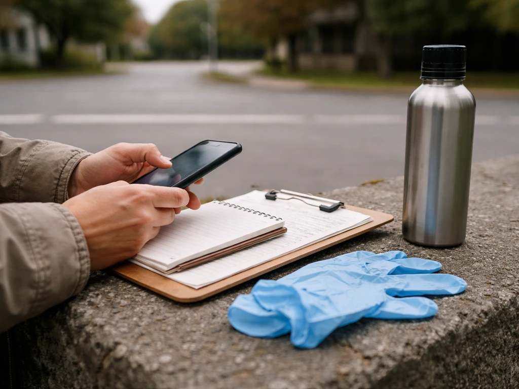 Hands entering careful observations on a smartphone beside a clipboard outdoors, with gloves to avoid disturbance.