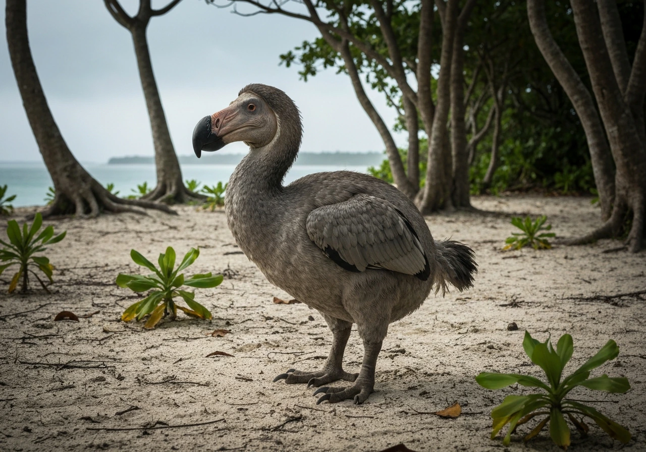 A realistic dodo bird on an island forest floor with ocean mist in the background.