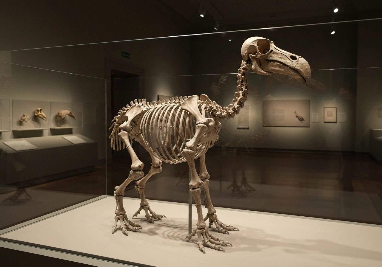 Dodo skeleton on display in a quiet museum gallery, showing flightless, ground-adapted body form