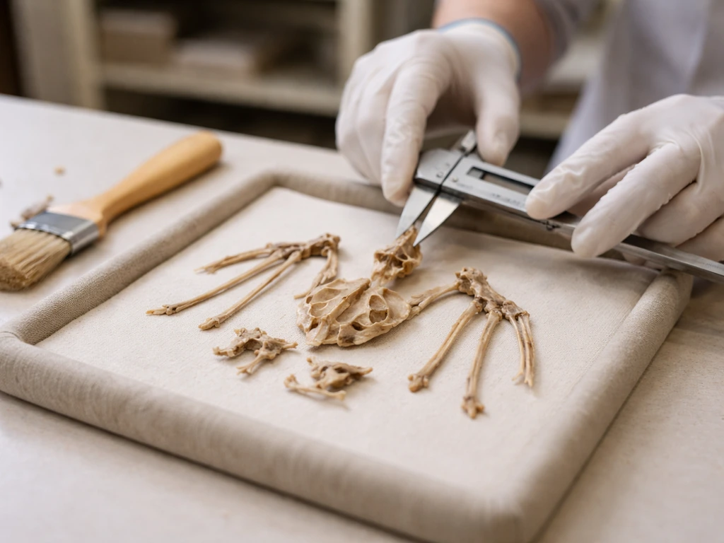 Paleontology lab workstation with fossil bird bones and a researcher’s calipers measuring wing and sternum features