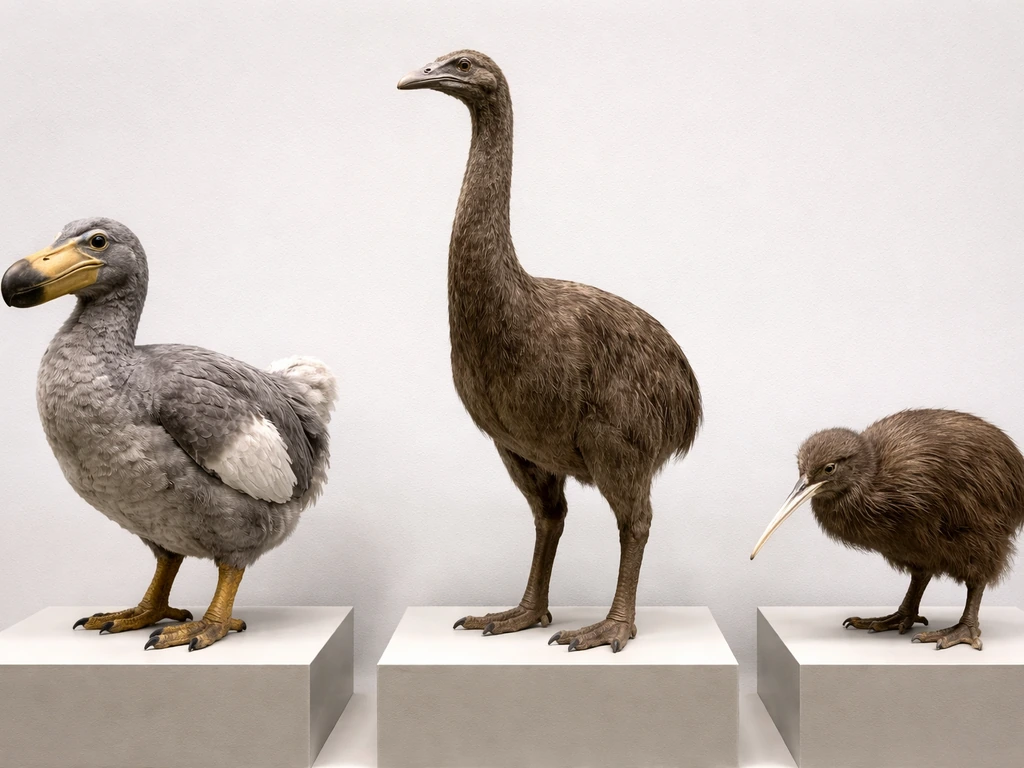 Three flightless birds—dodo, moa, and kiwi—displayed side-by-side in a simple museum setting.