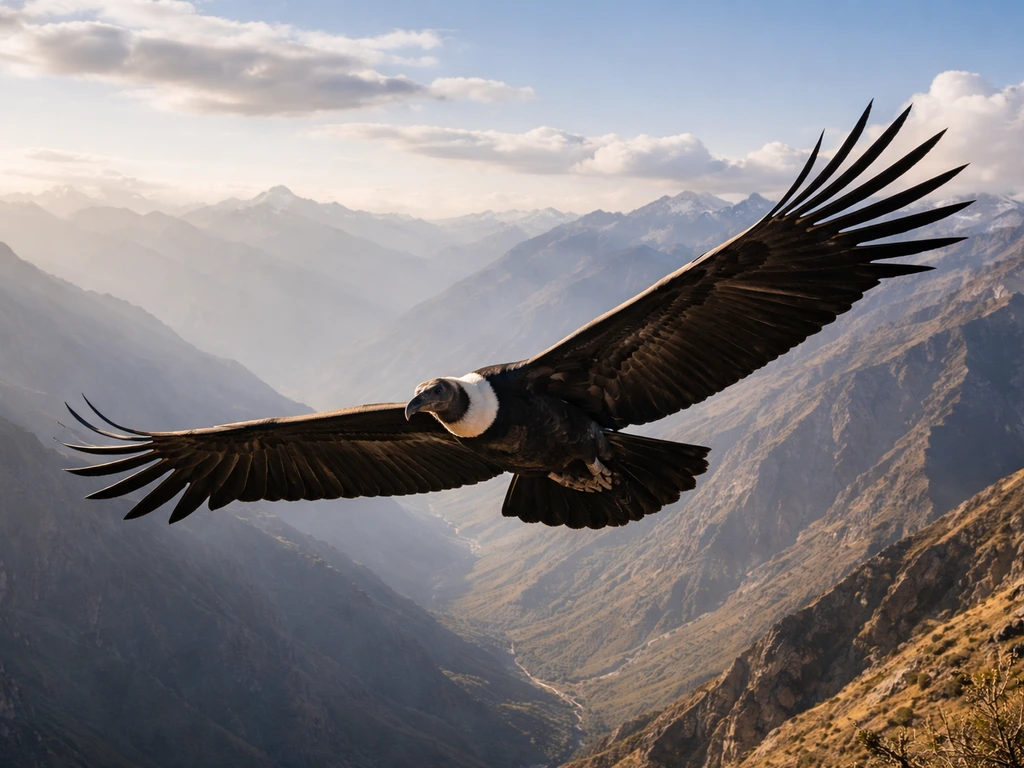 An Andean condor soaring with wings spread high above the Andes mountains in dramatic light.