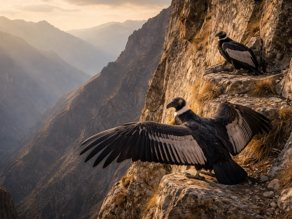 Andean condors perched on rocky cliff ledges high in the Andes, wings partially open.