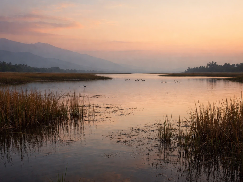 Minimal wetland at dusk with reeds and distant ruddy shelduck-like birds, evoking India’s winter range.