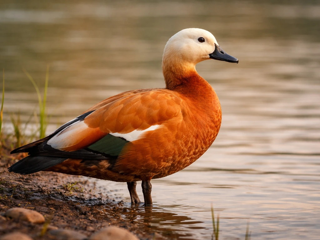 Ruddy Shelduck with rich rusty orange-brown plumage and distinctive shape in a simple outdoor setting.