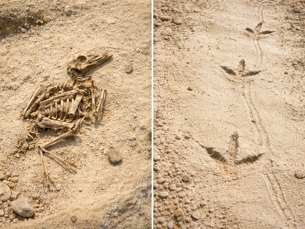 Small fossilized bird-like bones beside fossil footprints and drag marks in pale sediment.