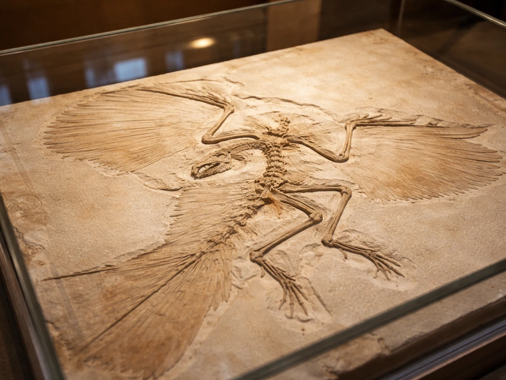 Close-up of an Archaeopteryx fossil in a museum case showing feather and skeletal details