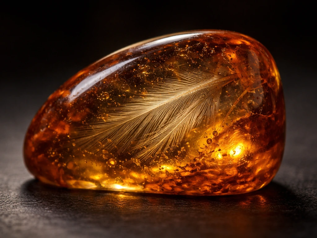 Macro close-up of glowing amber revealing preserved Cretaceous feather-like material inside.
