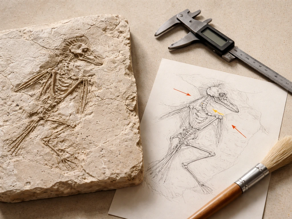 Close-up of a fossil on a worktable with a simple outline and arrows highlighting bird-like skeletal areas.