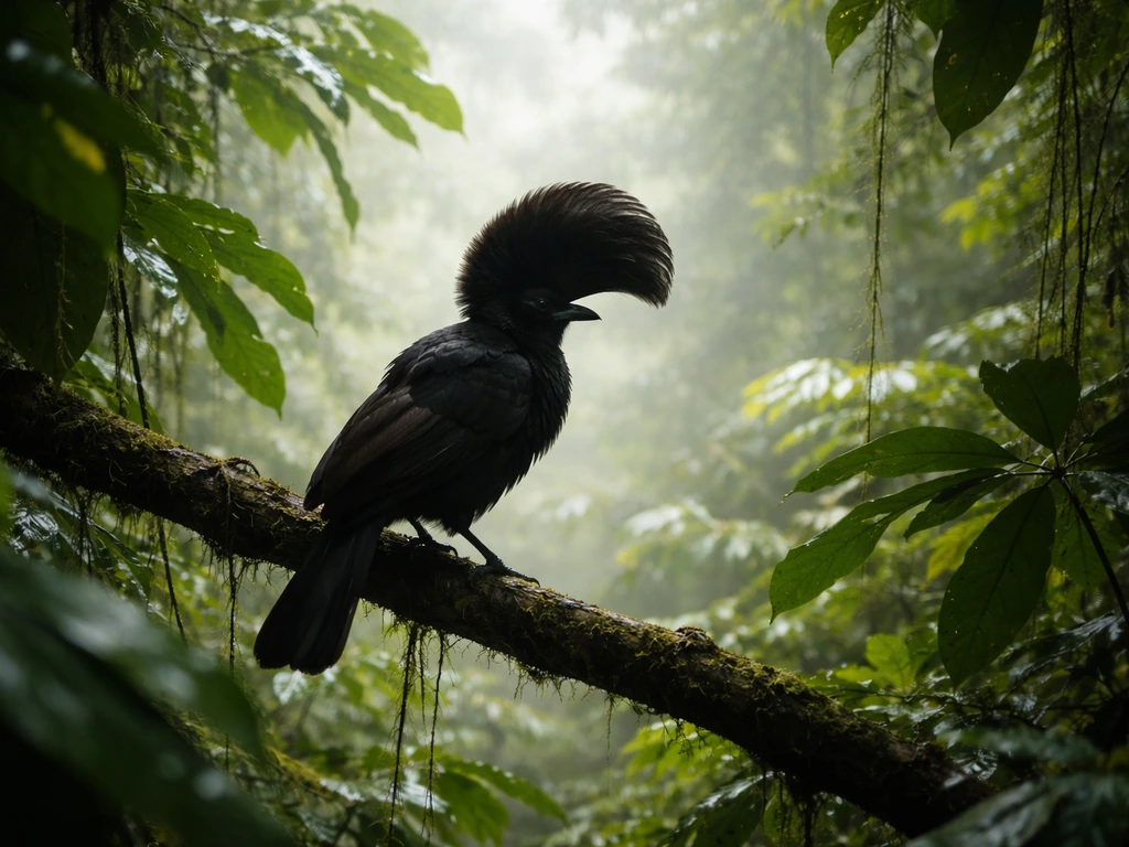 Umbrella bird perched in a lush tropical forest canopy with its umbrella-like crest raised.