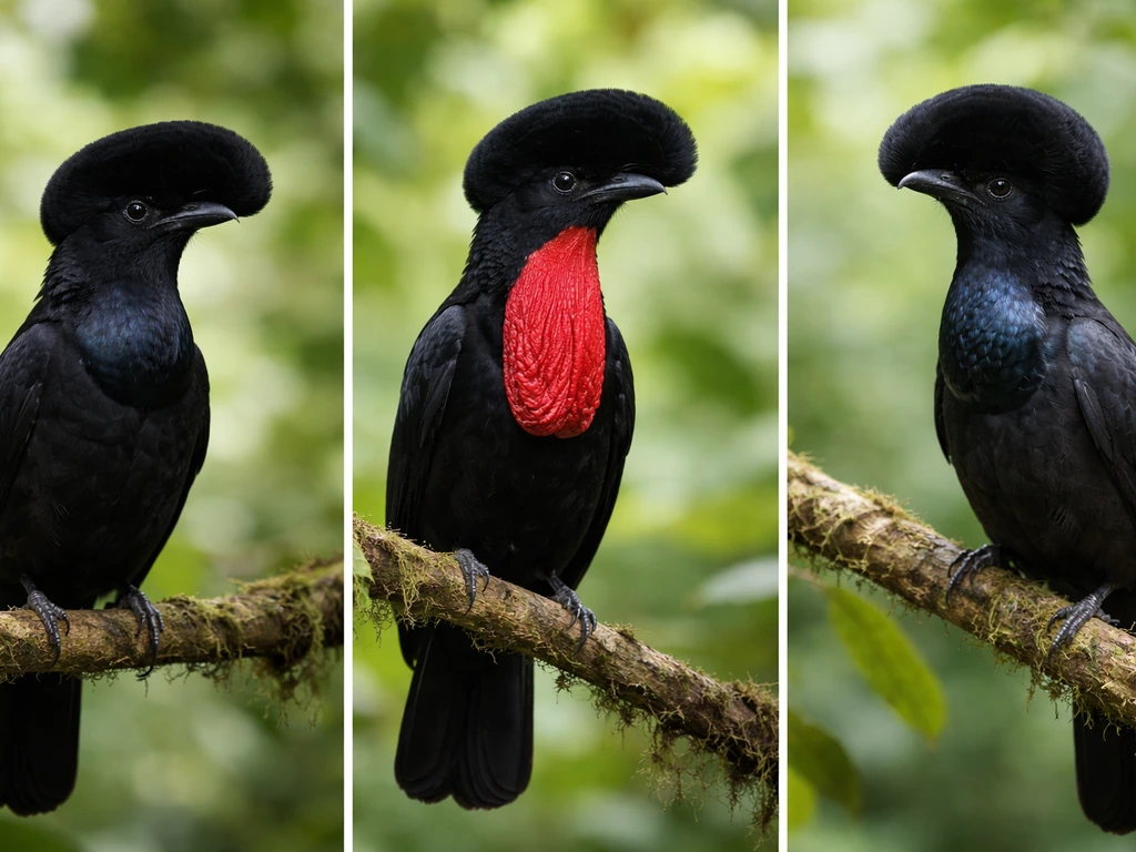 Three realistic umbrella-birds perched separately, showing their shared Cephalopterus look with subtle differences