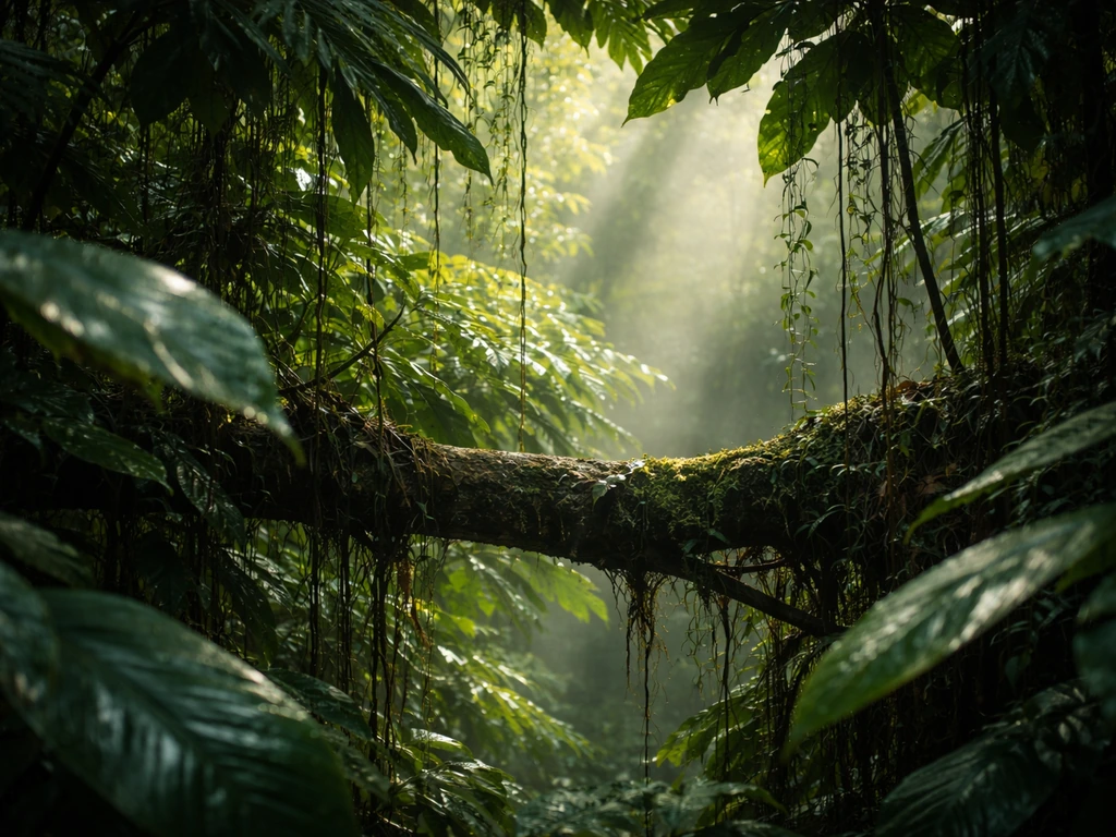 Sheltered perch spot deep in tropical lowland forest with layered canopy and understory foliage.
