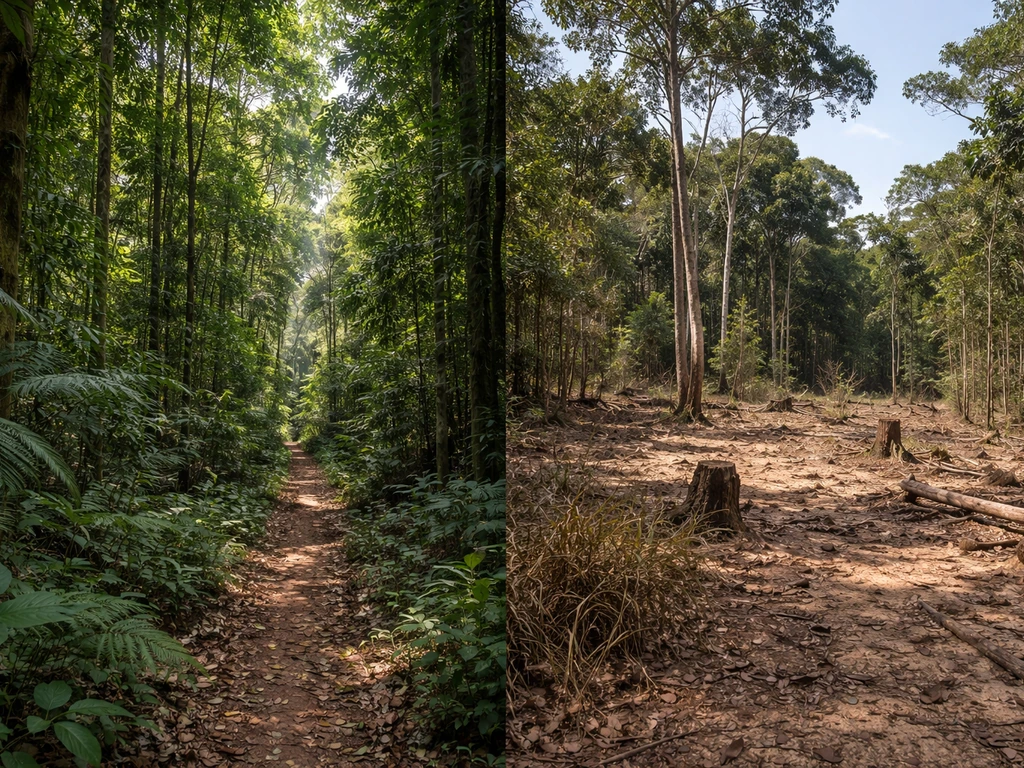 Split view of lush Amazon forest interior beside a fragmented forest edge with bare ground and stumps.
