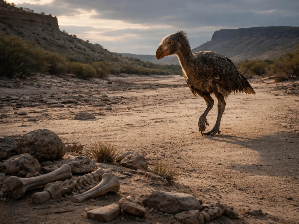 Lone terror bird stalking across a Cenozoic South American landscape near exposed fossils at dusk.