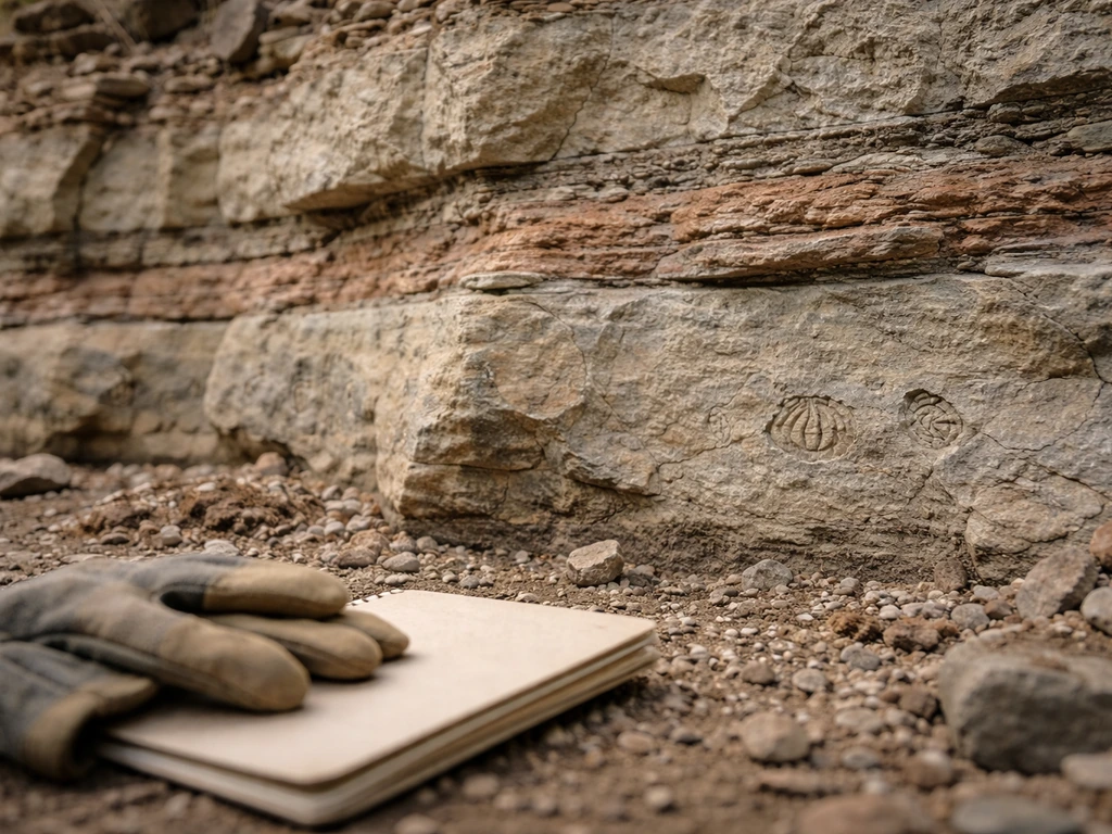 Close-up of exposed rock layers with fossil-like imprints, showing strata depth and age context.