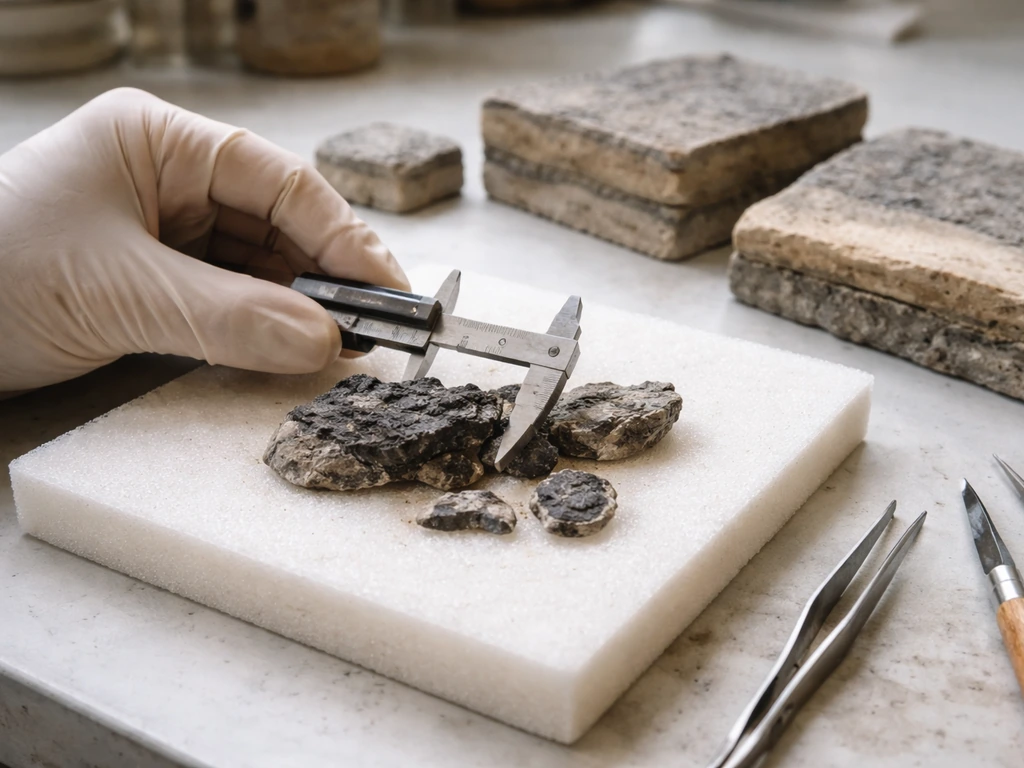 Paleontologist workspace with a fossil specimen being measured next to rock samples for dating.