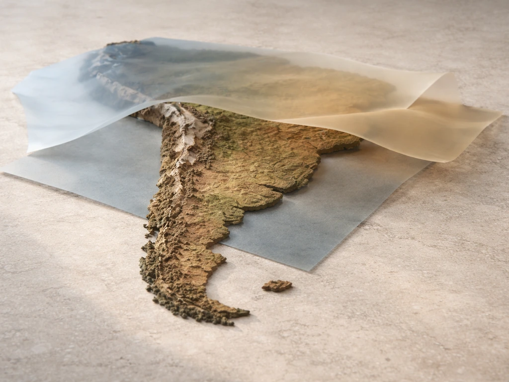Minimal tabletop diorama of South America terrain with two contrasting tone layers suggesting cooling and drying.
