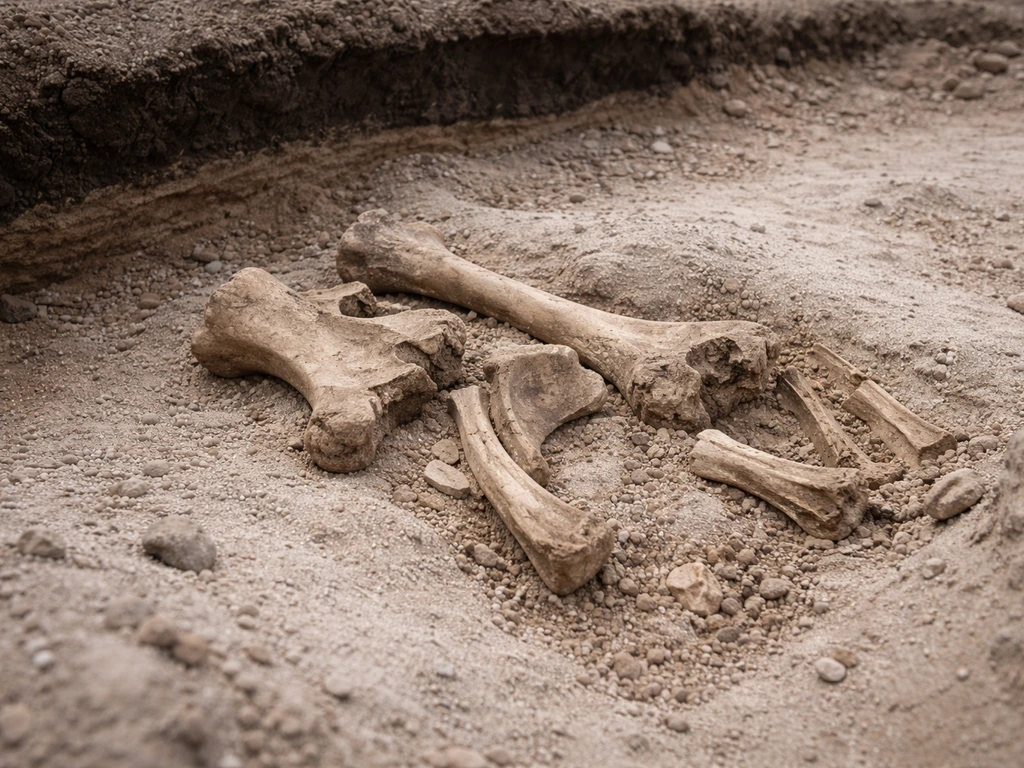 Partially excavated fossilized herbivore bones in layered sediment, suggesting megafauna collapse over time.