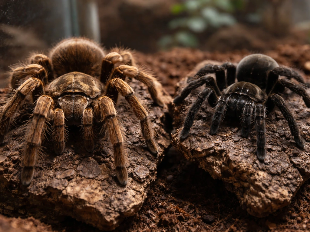 Two tarantulas side-by-side in a simple enclosure showing contrasting features for species confusion.