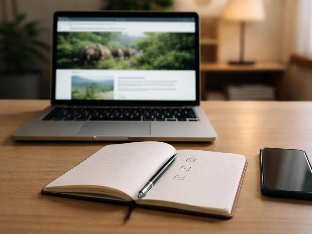 Minimal desk setup with laptop, phone, and a notebook with blank checkboxes for verifying conservation info.