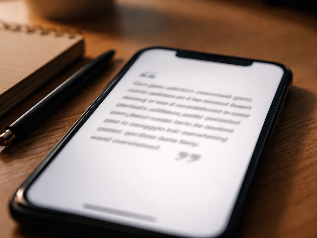 Close-up of a phone on a desk showing a blurred quote about addiction and feeling overwhelmed.