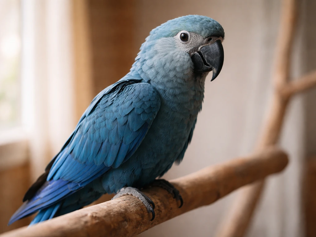 Close-up of a Spix's macaw perched indoors with soft natural light and a simple blurred background.