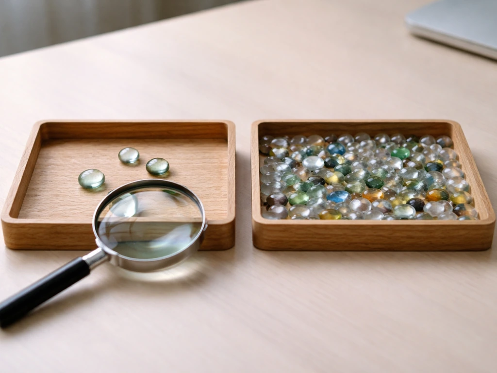 Two wooden trays with stones—few vs many—plus a magnifying glass to suggest different rarity measures.