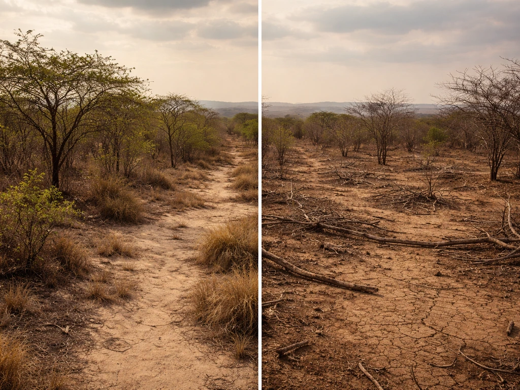 Caatinga dry forest landscape showing healthier left side and degraded, exposed right side soil.