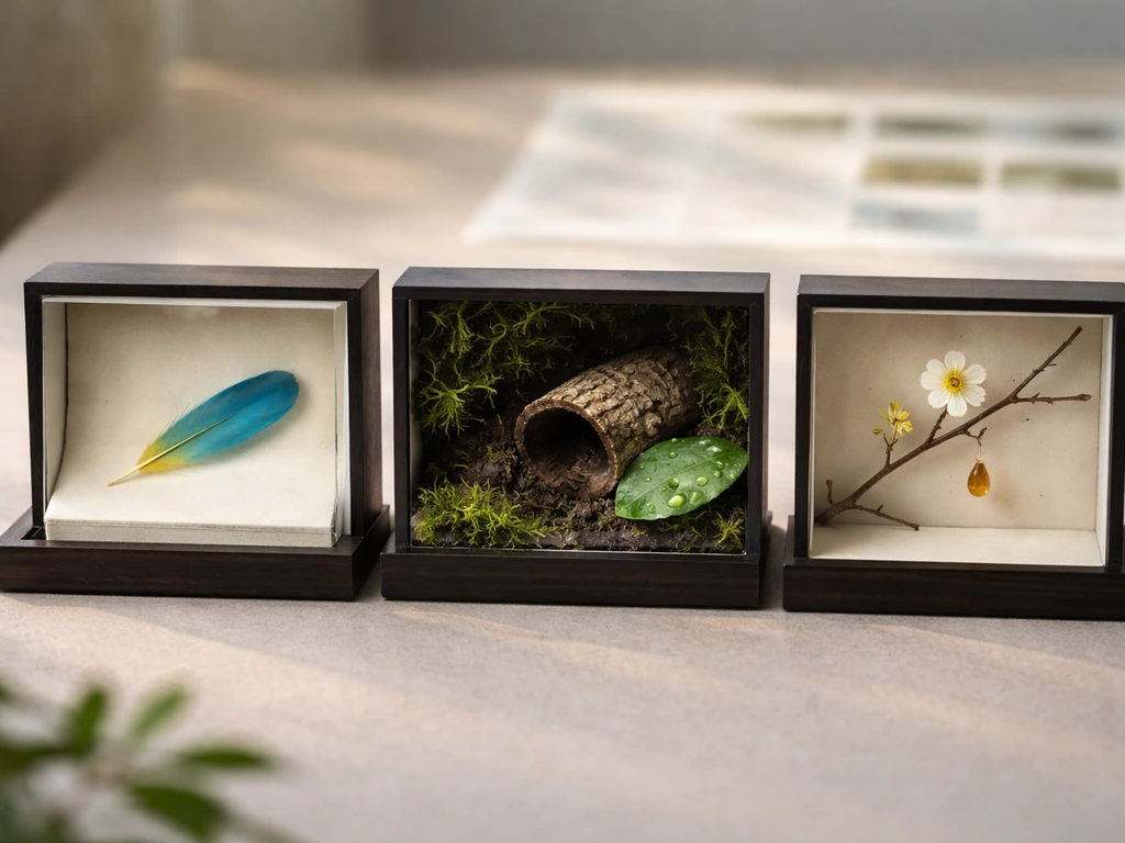 Minimal desk scene with three symbolic rarity display compartments comparing bird contenders.