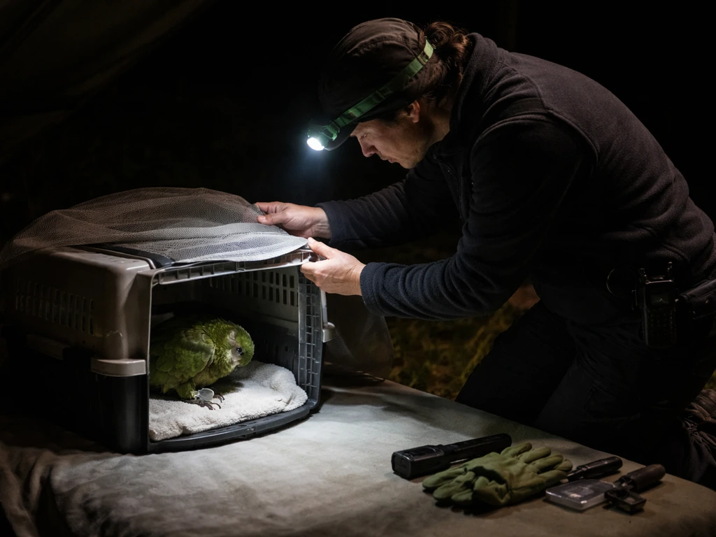 Conservation workers in a dim outdoor shelter monitor a tagged kakapo recovery setup at night.