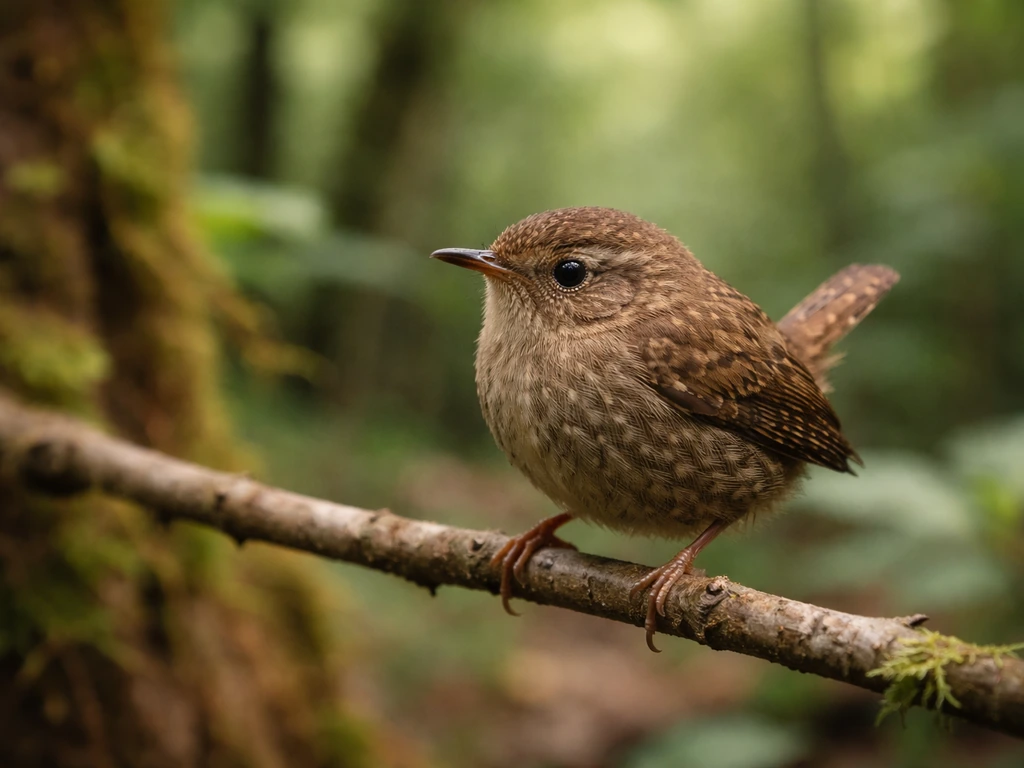 Close-up of a tiny Pacific wren-like bird perched on a twig with a soft island forest background.