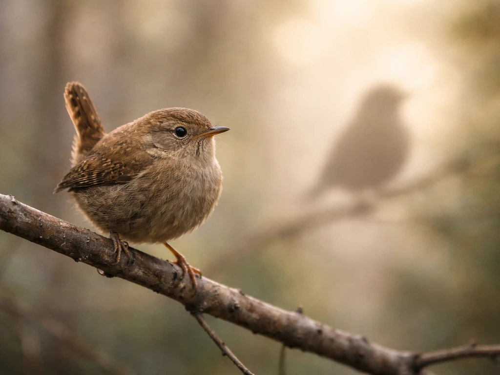 Pacific wren perched on a branch, contrasted with a blurred search-context bird silhouette in a simple scene