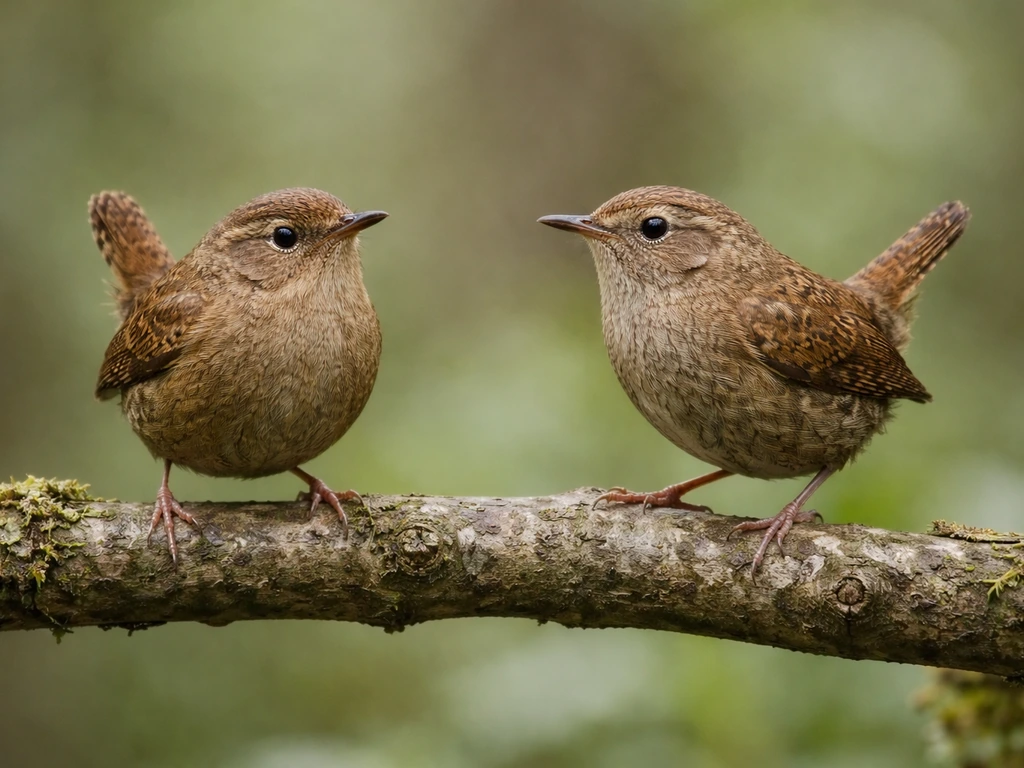 Two small brown wrens perched side-by-side on a branch, emphasizing tiny bill and tail posture differences.