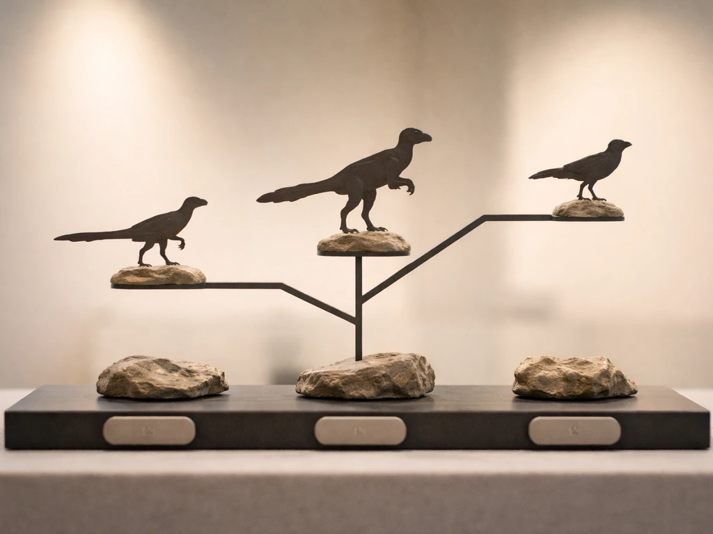 Museum evolution display with branching theropod-to-bird silhouettes and blank fossil markers.