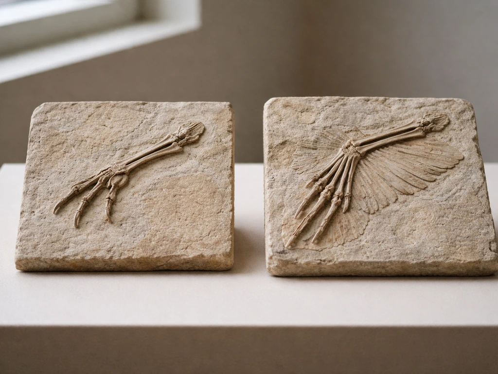 Side-by-side fossil skeleton casts emphasizing matching theropod-to-bird wrist and forelimb structure.