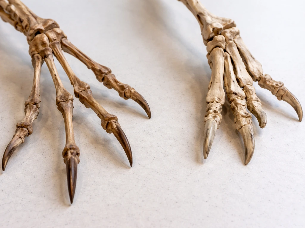 Close-up lab view comparing an earlier and birdlike fused, lightened theropod hand skeleton.