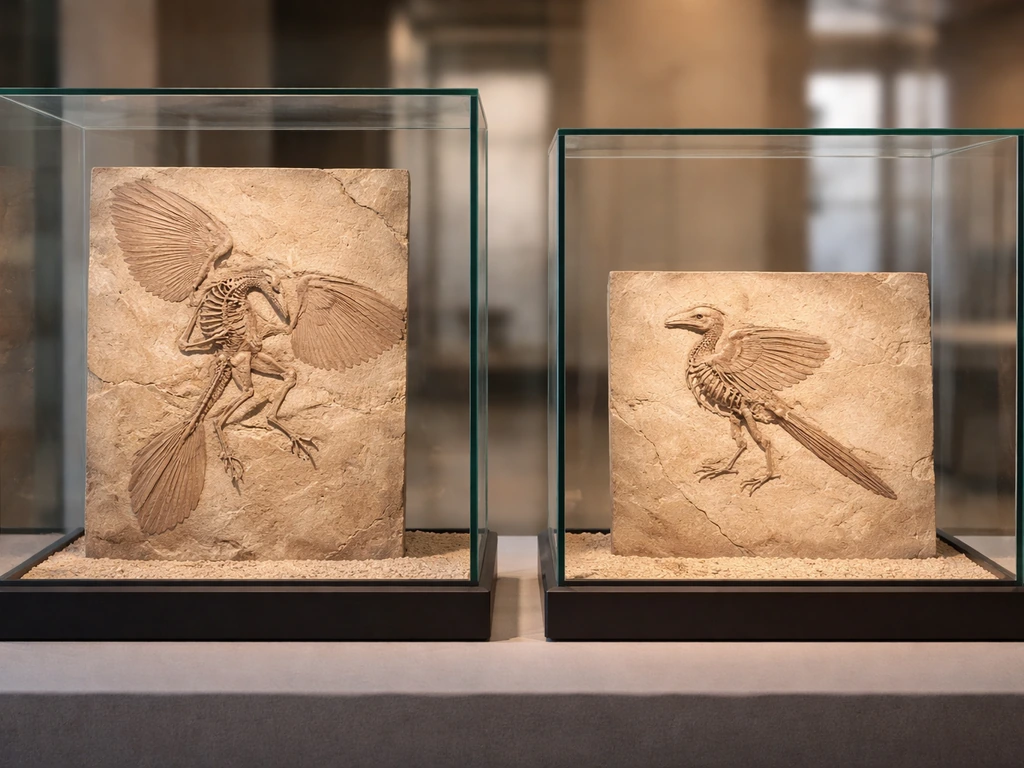 Museum display showing Archaeopteryx-like fossil beside crown-bird-like traits in adjacent glass cases.