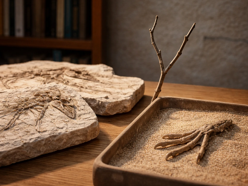 Fossil bird skulls and an early bird claw resting beside a simple branching twig motif in a dim study