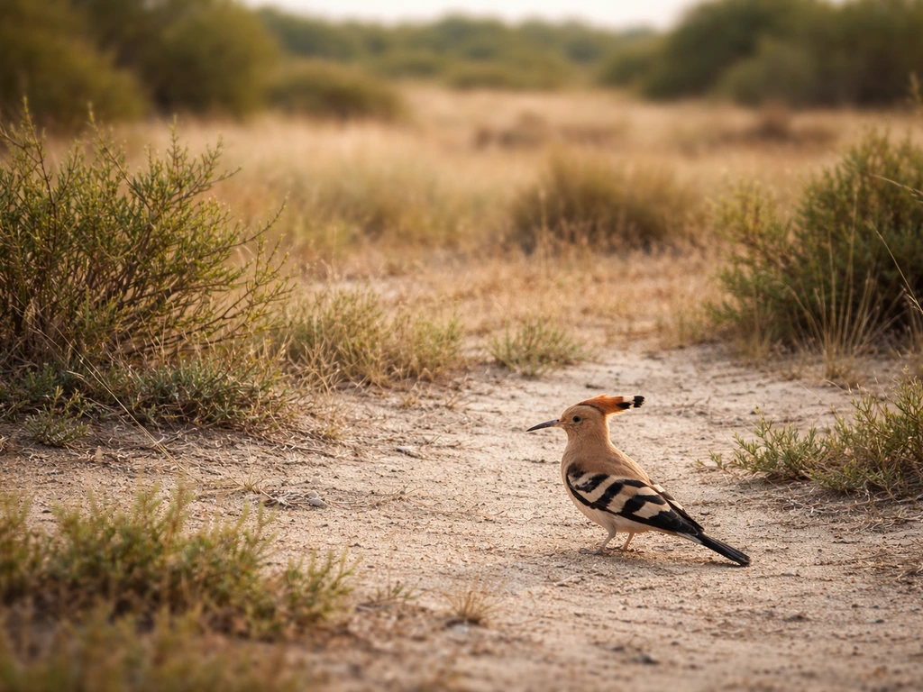 Hoopoe standing on sandy soil in a semi-open heathland/farmland edge habitat with low shrubs and grasses.