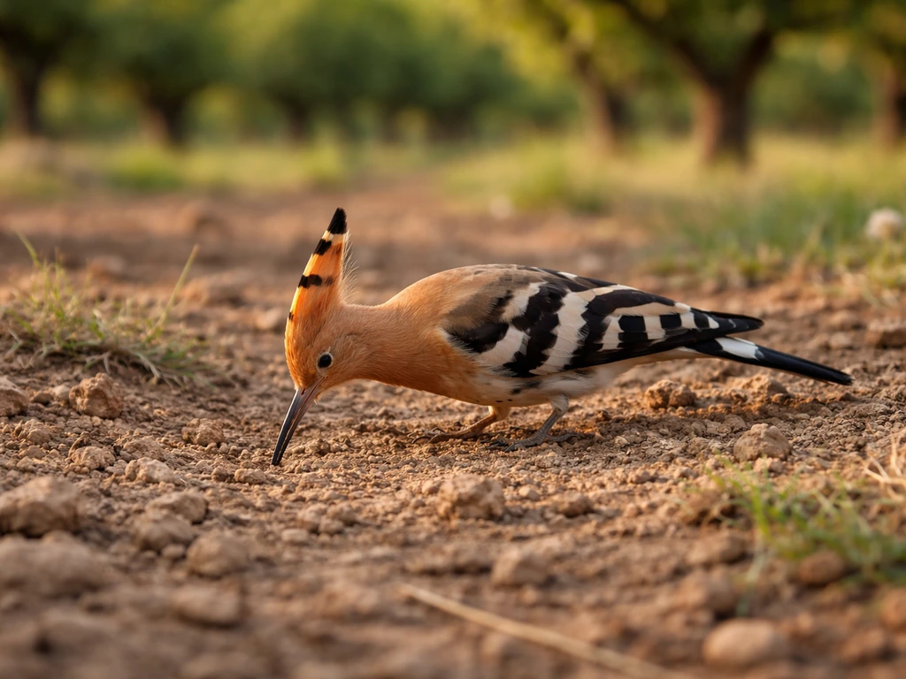 Common hoopoe foraging on the ground in open farmland near an orchard, warm natural light.