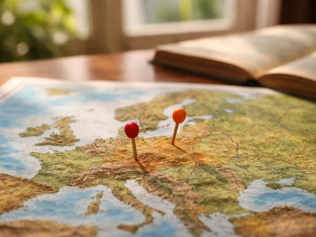 Tabletop Europe relief map with two colored pin clusters over Western and Central/Eastern Europe regions.