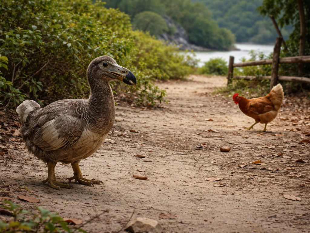 A flightless dodo-like bird on island ground and a foraging chicken near a woodland-edge fence.