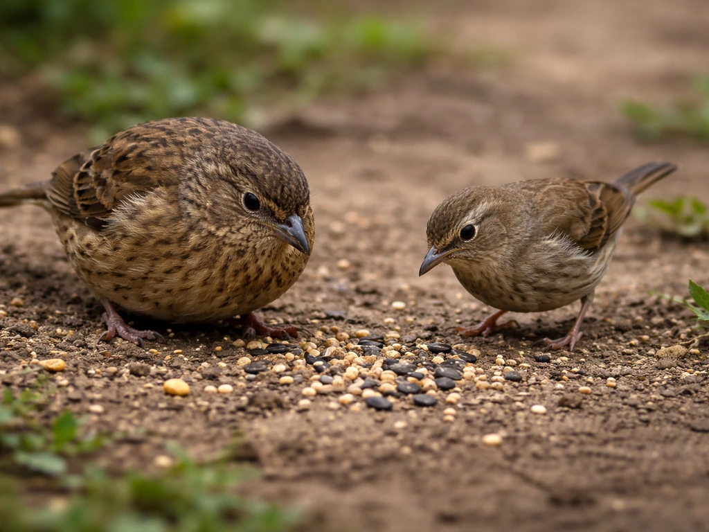 Two generic ground-foraging birds on soil with scattered seeds, one bulkier and one slimmer, side by side.