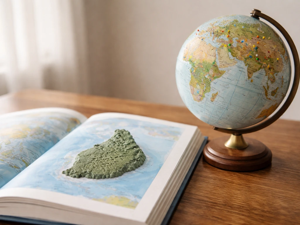 Open atlas and globe with a small Mauritius-like island model and tiny colored pins suggesting worldwide chicken habitat