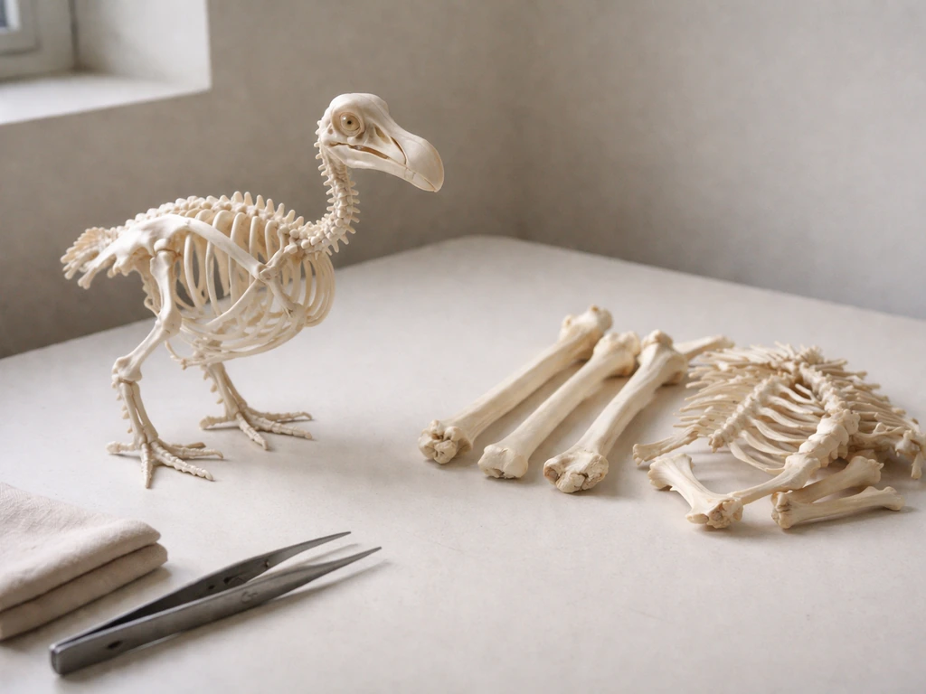 Dodo bone reconstruction and chicken bone specimens arranged on a lab table for scientific comparison.