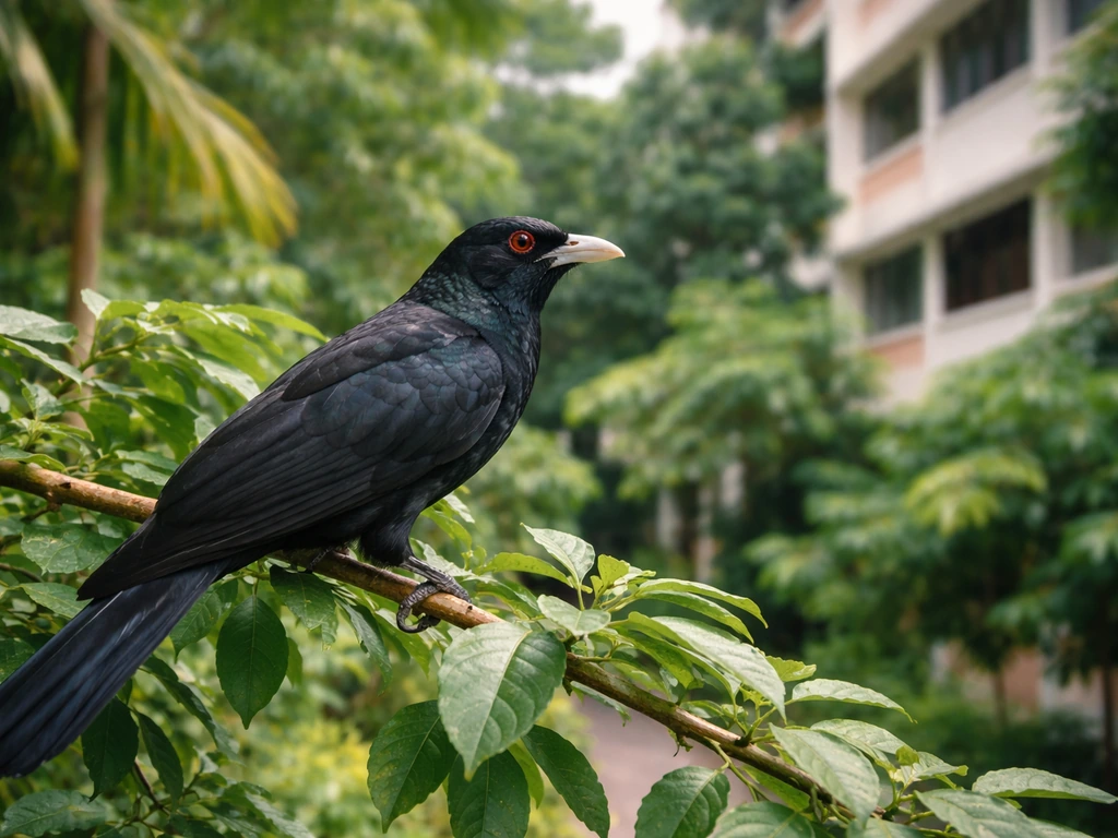Asian koel bird perched on leafy tree branch in a Singapore neighborhood courtyard