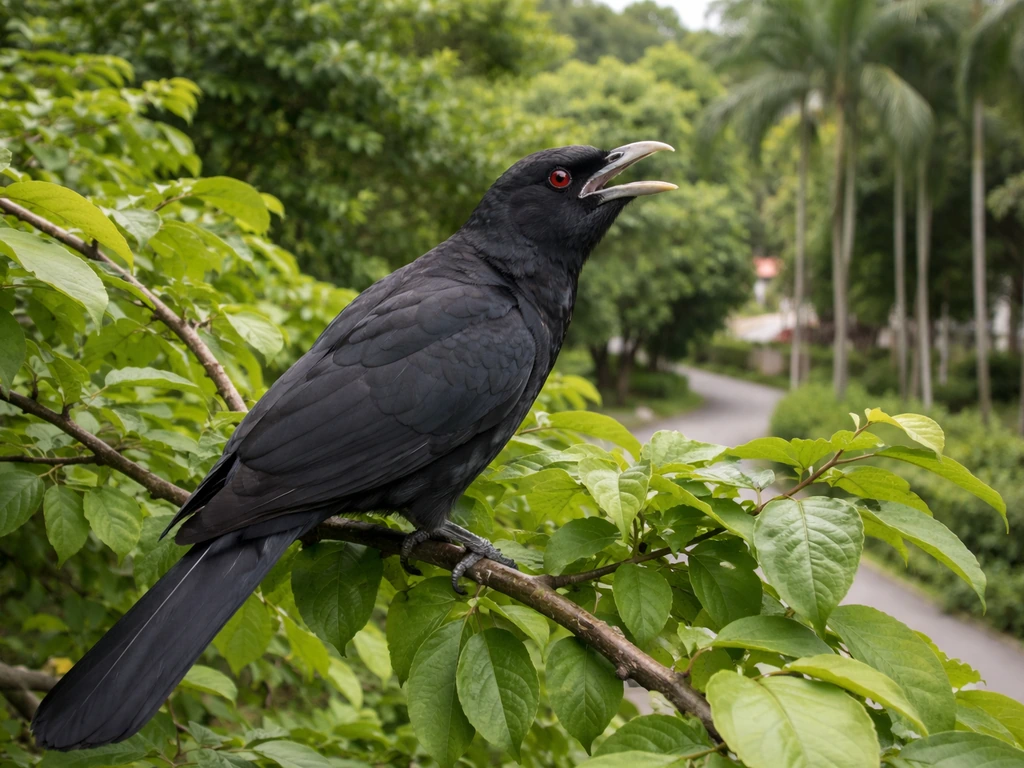 Asian koel perched on a leafy branch in lush Singapore greenery, background softly blurred.