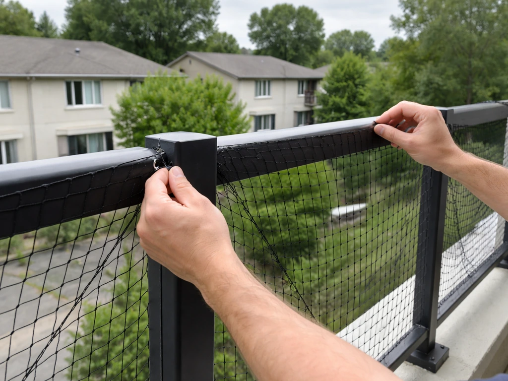 Person installing bird netting over a balcony railing to block koels from reaching the area.