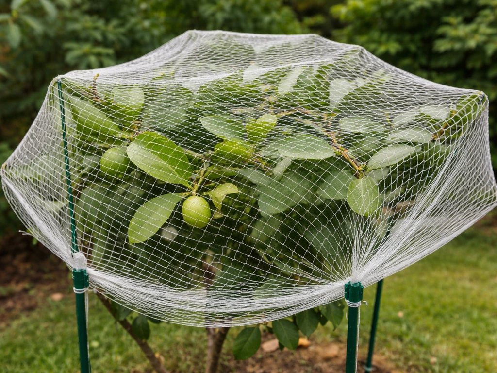 Fruit tree branches protected by tightly stretched bird netting secured with ties and stakes.