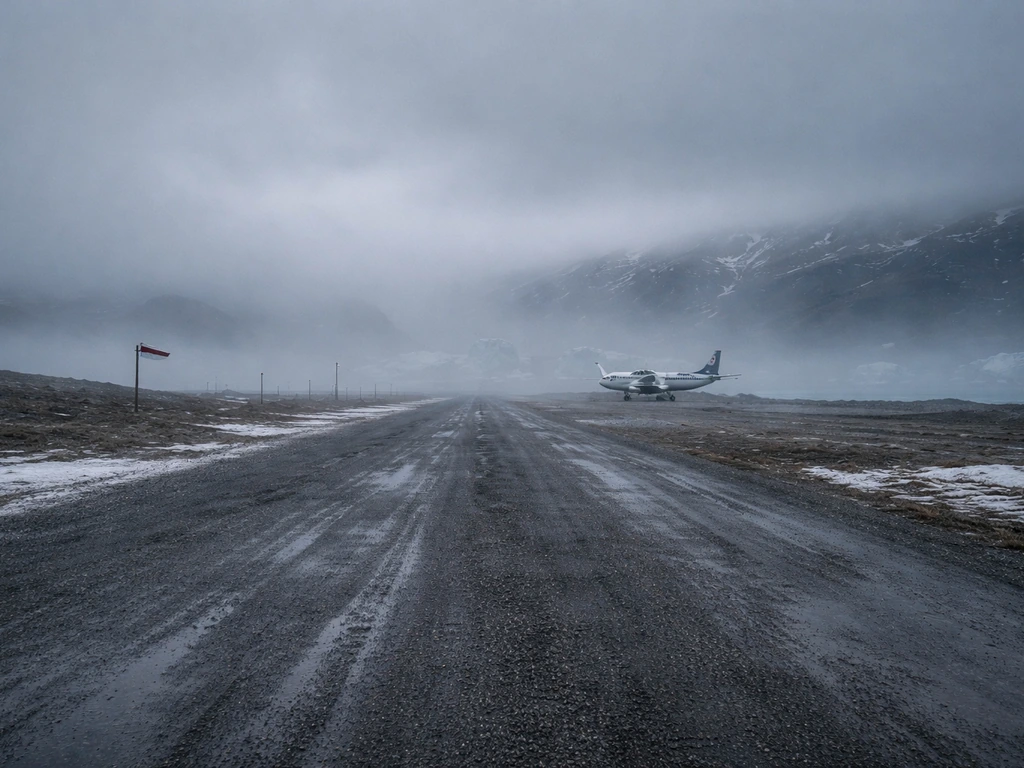 Foggy remote Greenland airfield with a distant grounded aircraft near a snow-gravel runway.